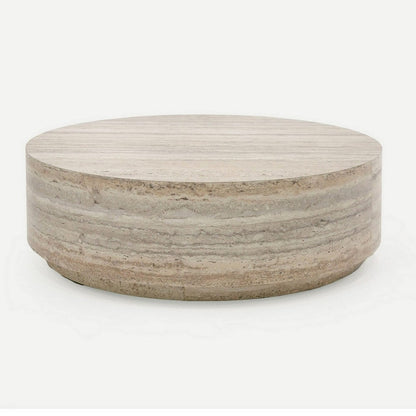 Lia 39 Inch Coffee Table, Round Travertine Stone Finish Laminated Top