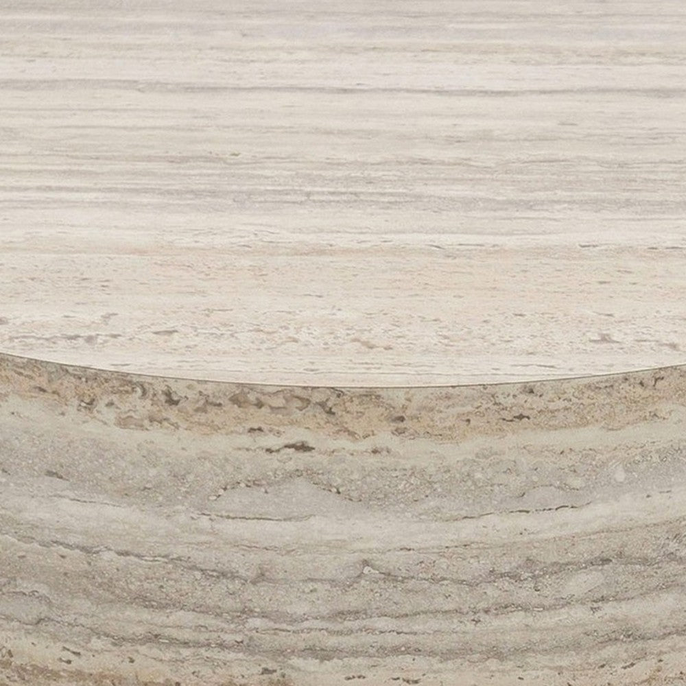 Lia 39 Inch Coffee Table, Round Travertine Stone Finish Laminated Top
