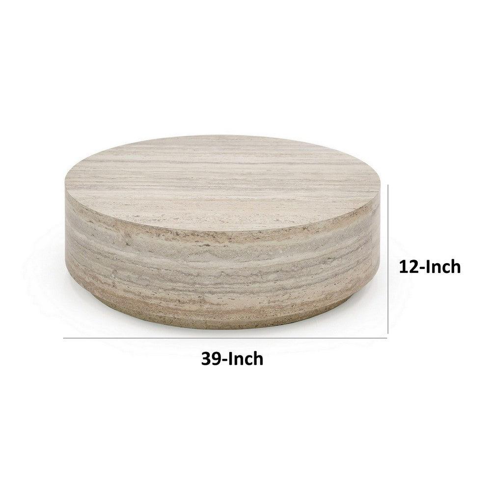 Lia 39 Inch Coffee Table, Round Travertine Stone Finish Laminated Top
