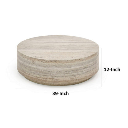 Lia 39 Inch Coffee Table, Round Travertine Stone Finish Laminated Top