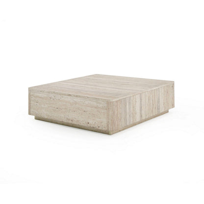 Lia 39 Inch Coffee Table, Square Travertine Stone Finish Laminated Top