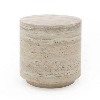 Lia 18 Inch End Table, Round Travertine Stone Finish Laminated Top