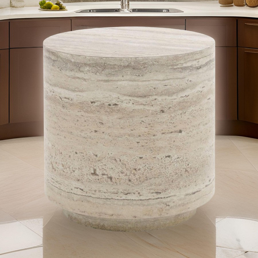 Lia 18 Inch End Table, Round Travertine Stone Finish Laminated Top