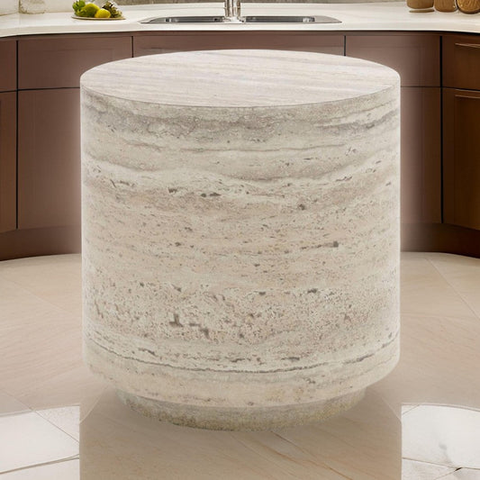 Lia 18 Inch End Table, Round Travertine Stone Finish Laminated Top