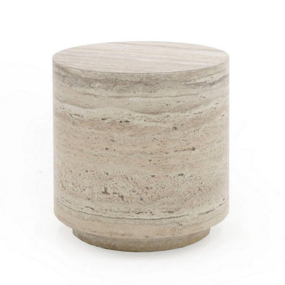 Lia 18 Inch End Table, Round Travertine Stone Finish Laminated Top