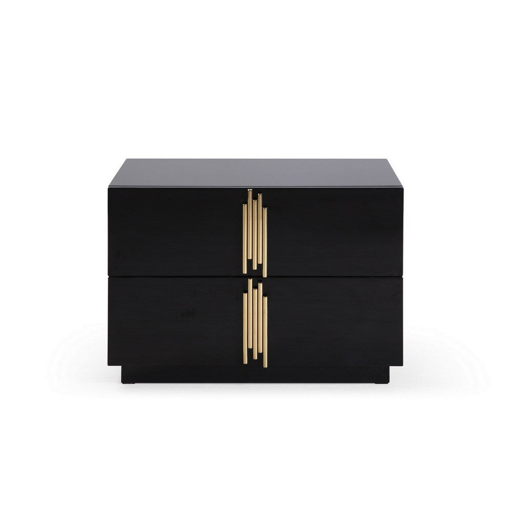 28 Inch Nightstand, Modern Vertical Gold Handles, 2 Drawers, Black Finish