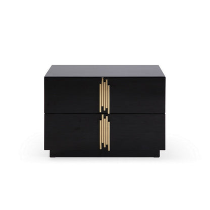28 Inch Nightstand, Modern Vertical Gold Handles, 2 Drawers, Black Finish