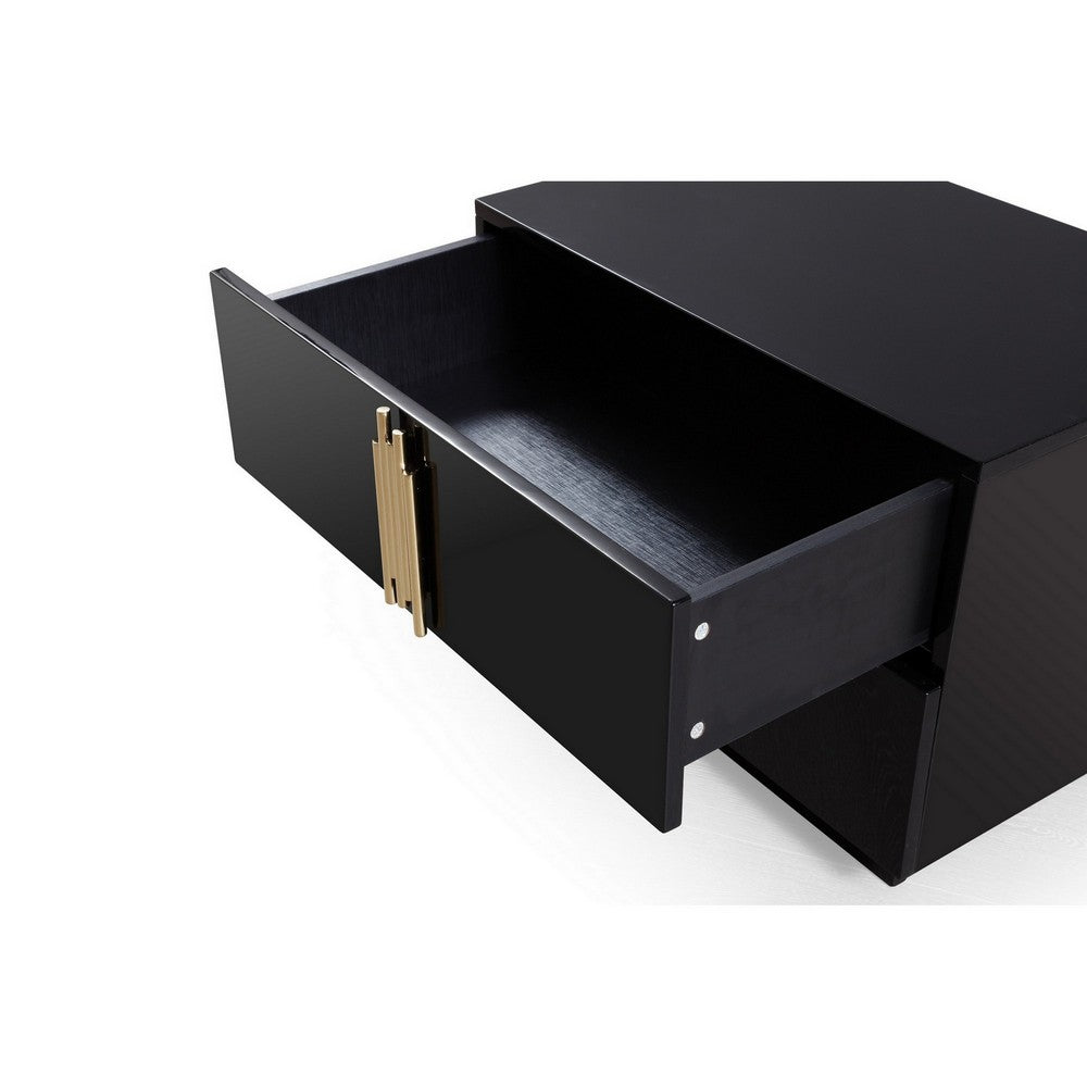 28 Inch Nightstand, Modern Vertical Gold Handles, 2 Drawers, Black Finish
