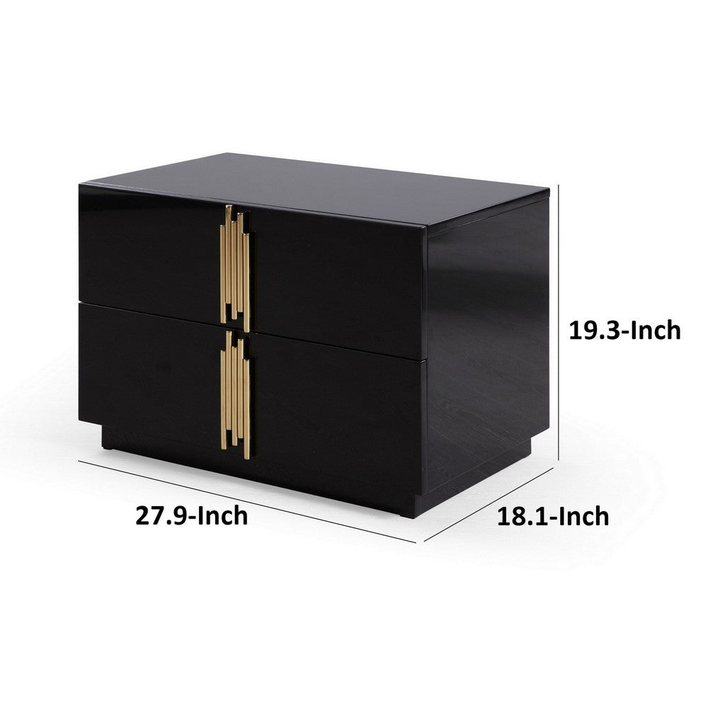 28 Inch Nightstand, Modern Vertical Gold Handles, 2 Drawers, Black Finish