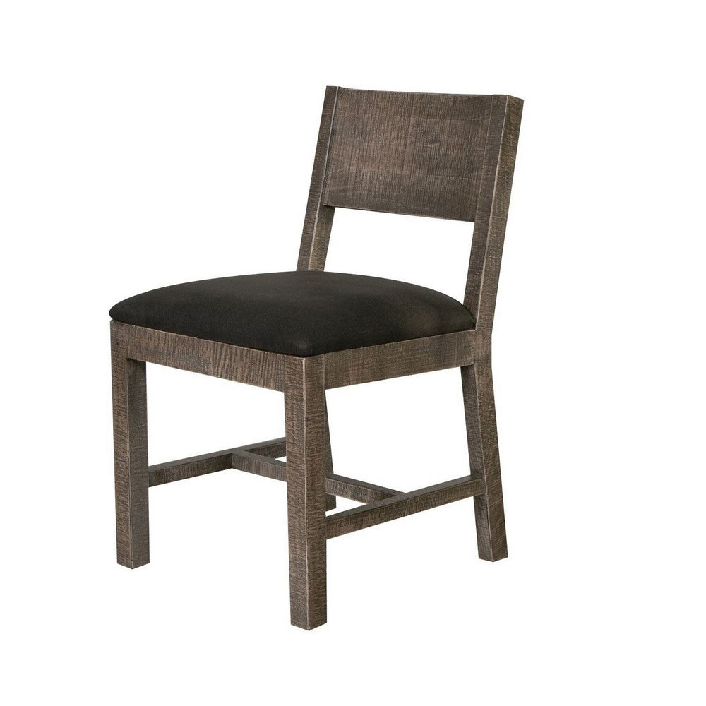 Piel 21 Inch Dining Chair Set of 2, Brown Pine Wood, Black Faux Leather