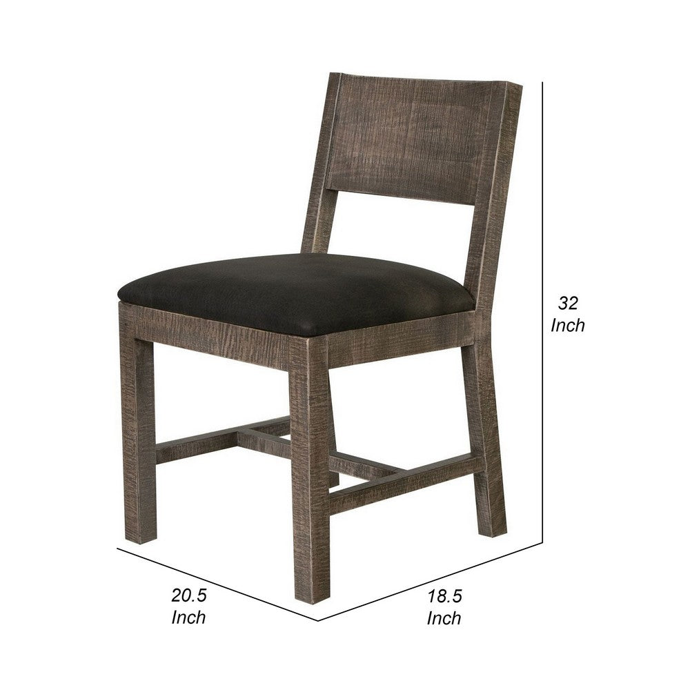 Piel 21 Inch Dining Chair Set of 2, Brown Pine Wood, Black Faux Leather