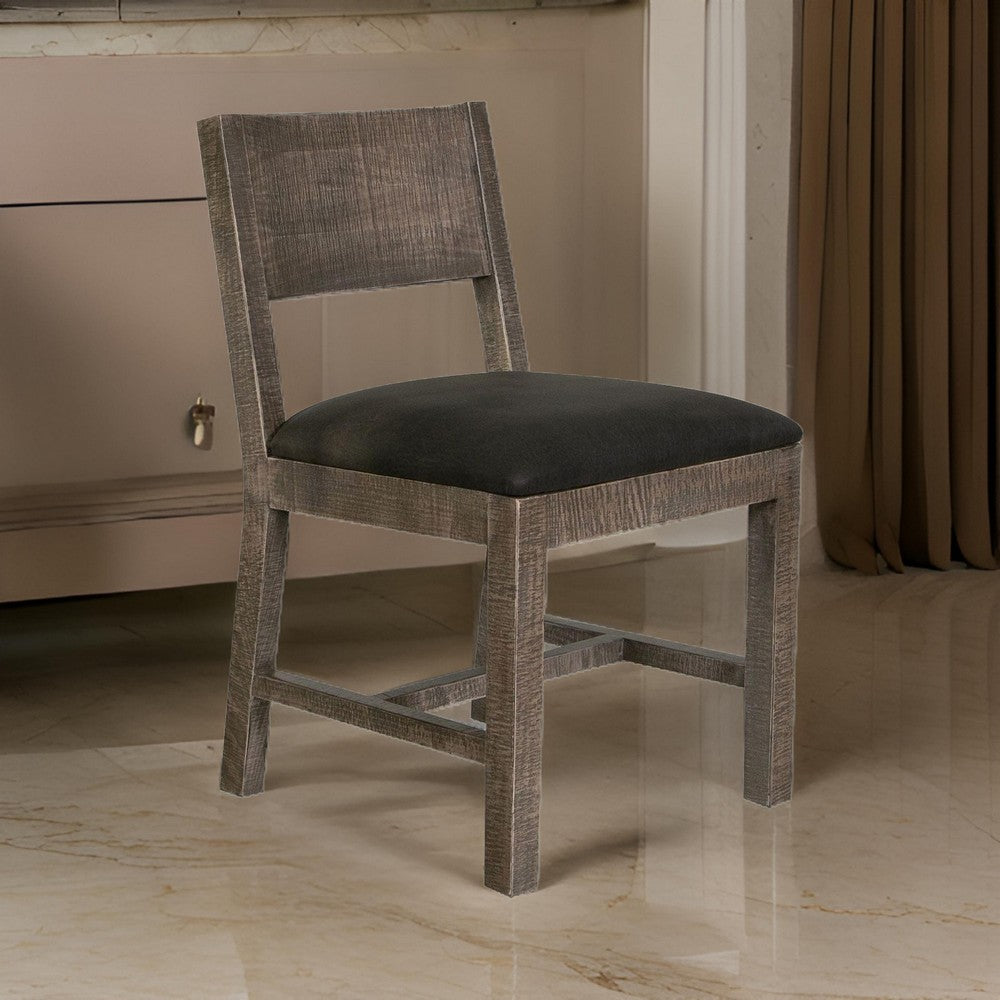 Piel 21 Inch Dining Chair Set of 2, Brown Pine Wood, Black Faux Leather