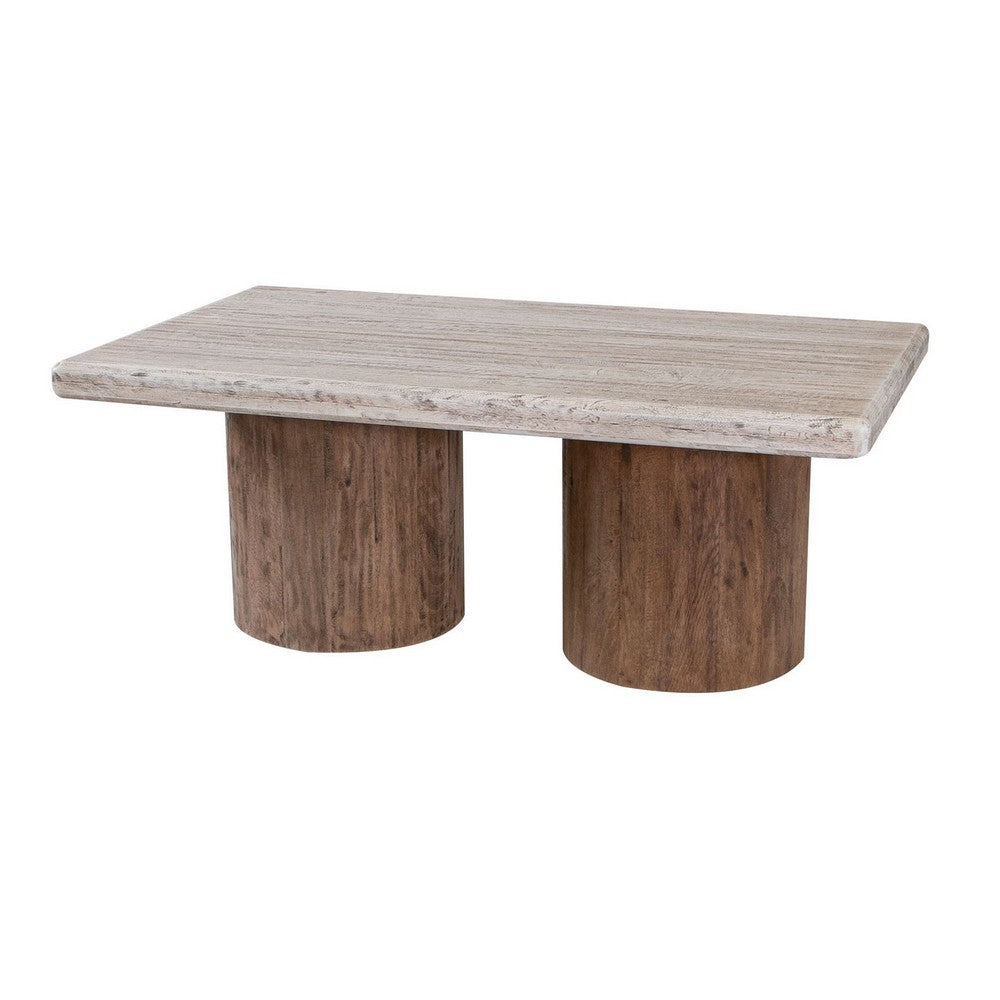 Kohl 50 Inch Cocktail Table, Brown Mango Wood, Drum Base, Cream Floated Top