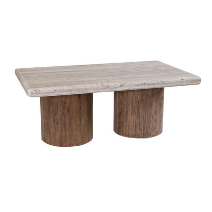 Kohl 50 Inch Cocktail Table, Brown Mango Wood, Drum Base, Cream Floated Top