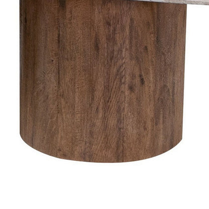 Kohl 50 Inch Cocktail Table, Brown Mango Wood, Drum Base, Cream Floated Top
