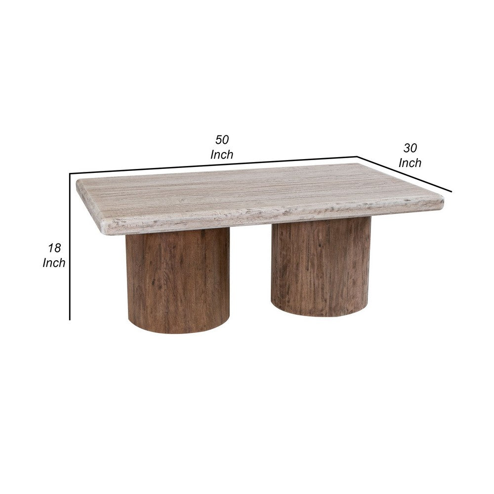 Kohl 50 Inch Cocktail Table, Brown Mango Wood, Drum Base, Cream Floated Top