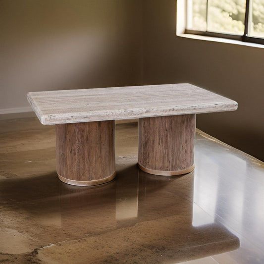 Kohl 50 Inch Cocktail Table, Brown Mango Wood, Drum Base, Cream Floated Top