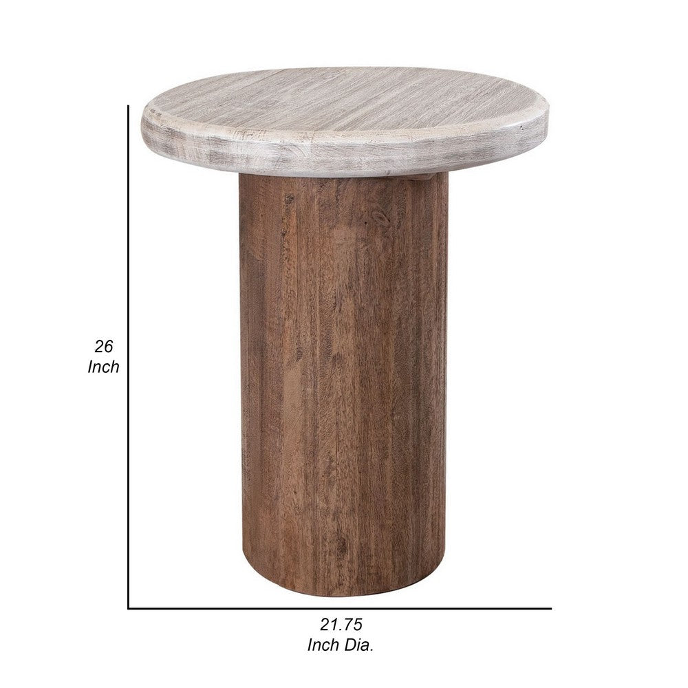 Kohl 26 Inch Side End Table, Brown Mango Wood, Drum Base, Cream Floated Top