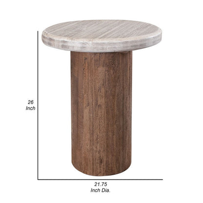 Kohl 26 Inch Side End Table, Brown Mango Wood, Drum Base, Cream Floated Top
