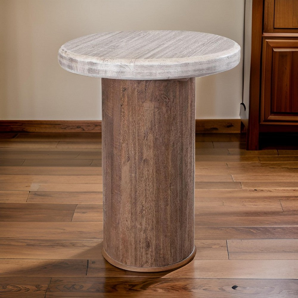 Kohl 26 Inch Side End Table, Brown Mango Wood, Drum Base, Cream Floated Top