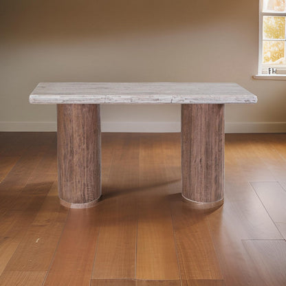 Kohl 55 Inch Sofa Table, Brown Mango Wood, Drum Base, Cream Floated Top