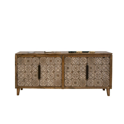 Vera 69 Inch Sideboard Console, Brown Pine Wood, 4 Doors, Geometric, Beige