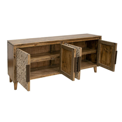 Vera 69 Inch Sideboard Console, Brown Pine Wood, 4 Doors, Geometric, Beige