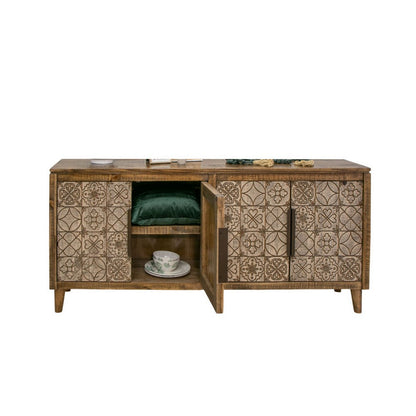 Vera 69 Inch Sideboard Console, Brown Pine Wood, 4 Doors, Geometric, Beige