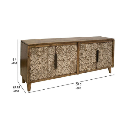 Vera 69 Inch Sideboard Console, Brown Pine Wood, 4 Doors, Geometric, Beige