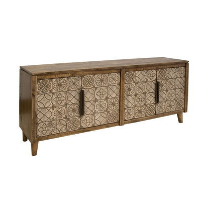 Vera 69 Inch Sideboard Console, Brown Pine Wood, 4 Doors, Geometric, Beige