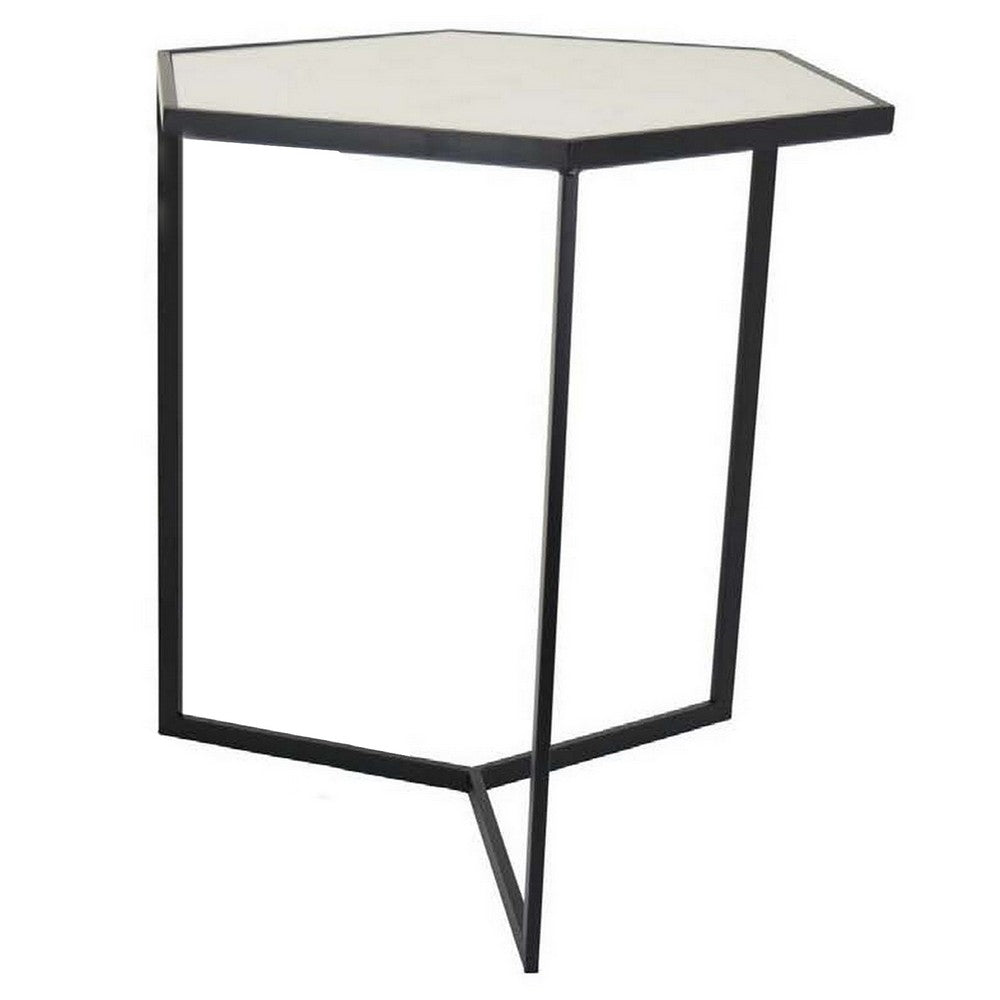 Plant Stand Table Set of 2, Black Metal Frame, Hexagonal White Tabletop