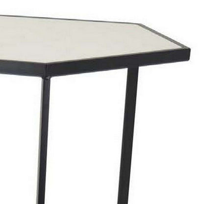Plant Stand Table Set of 2, Black Metal Frame, Hexagonal White Tabletop