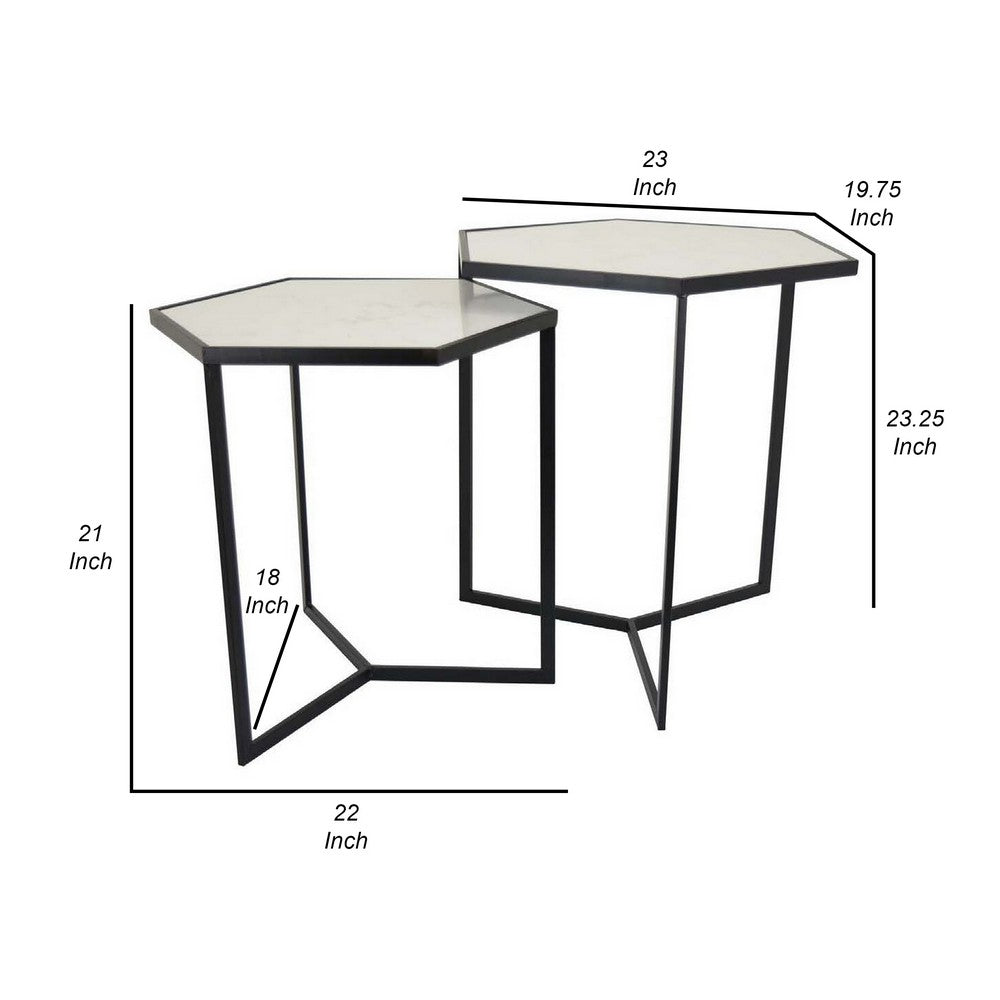 Plant Stand Table Set of 2, Black Metal Frame, Hexagonal White Tabletop