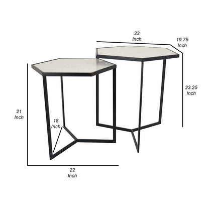 Plant Stand Table Set of 2, Black Metal Frame, Hexagonal White Tabletop