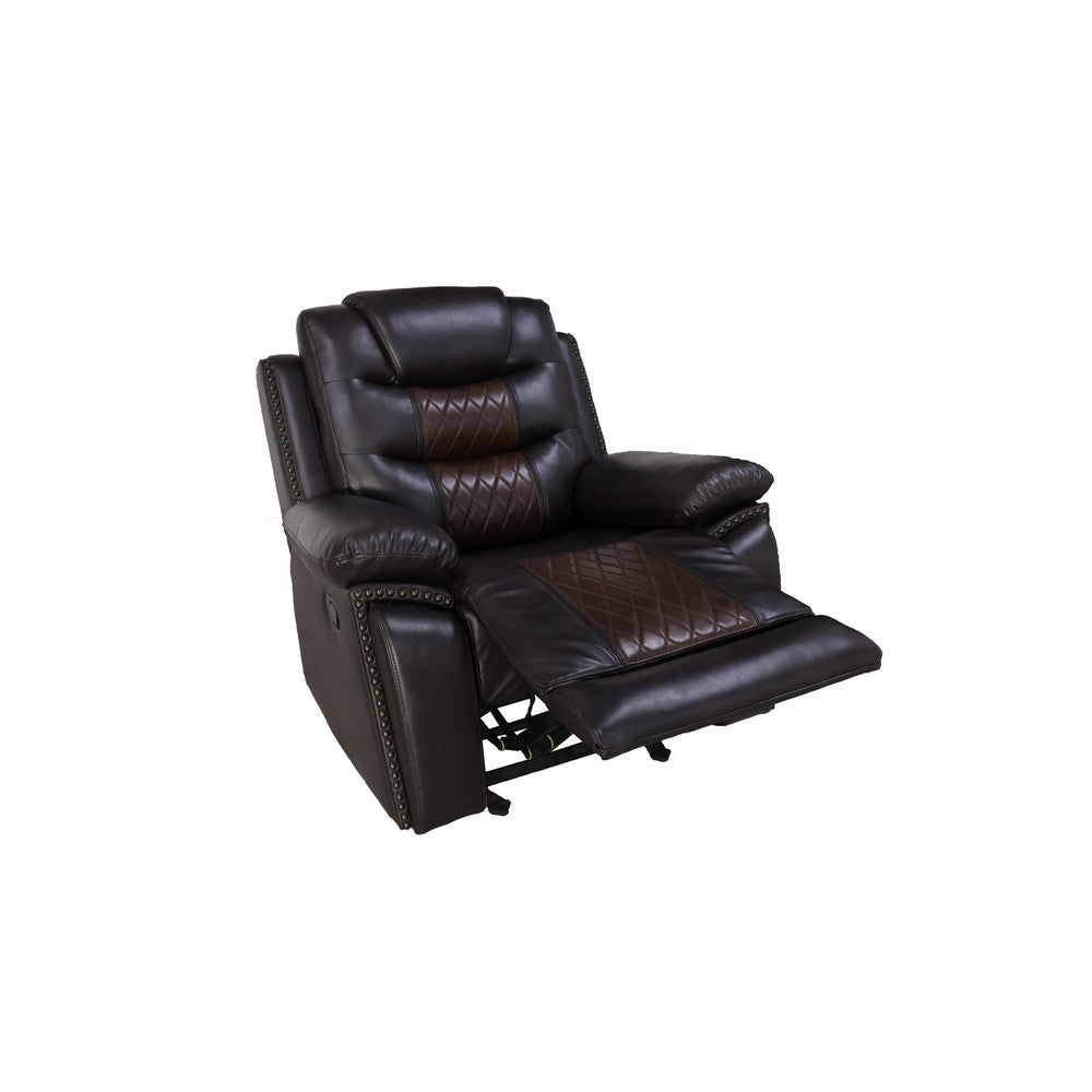 Asher 39 Inch Manual Recliner Chair, Wood, Pocket Coils, Brown Faux Leather