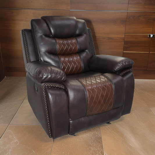 Asher 39 Inch Power Recliner Chair, Wood, Pocket Coils, Brown Faux Leather