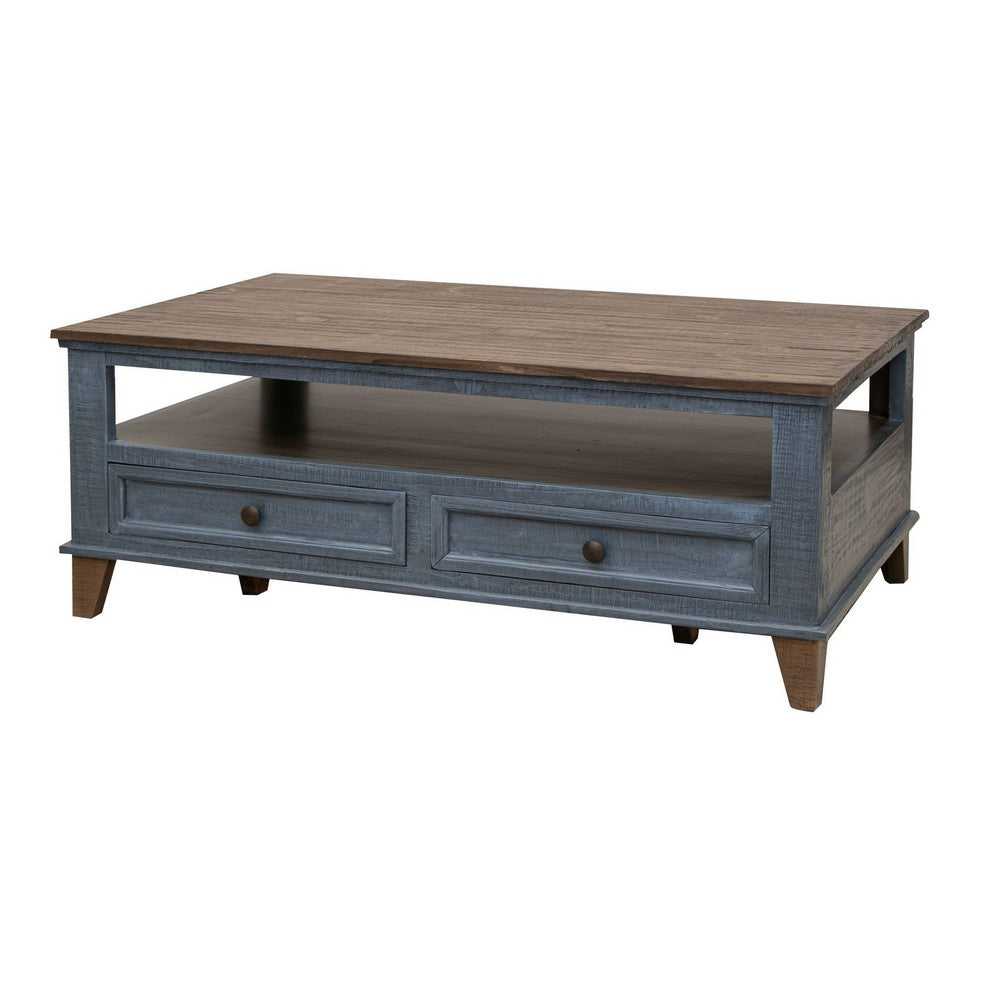 Rozy 50 Inch Coffee Table, Pine Wood, 4 Drawers, Open Shelf, Brown, Blue