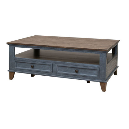 Rozy 50 Inch Coffee Table, Pine Wood, 4 Drawers, Open Shelf, Brown, Blue