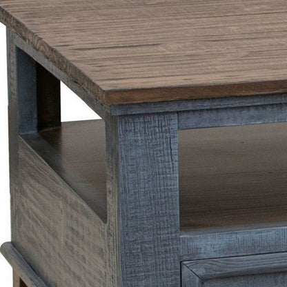 Rozy 50 Inch Coffee Table, Pine Wood, 4 Drawers, Open Shelf, Brown, Blue