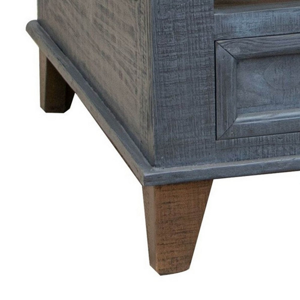 Rozy 50 Inch Coffee Table, Pine Wood, 4 Drawers, Open Shelf, Brown, Blue