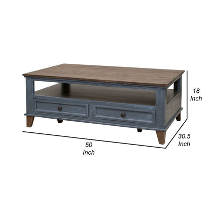 Rozy 50 Inch Coffee Table, Pine Wood, 4 Drawers, Open Shelf, Brown, Blue