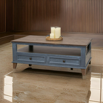 Rozy 50 Inch Coffee Table, Pine Wood, 4 Drawers, Open Shelf, Brown, Blue