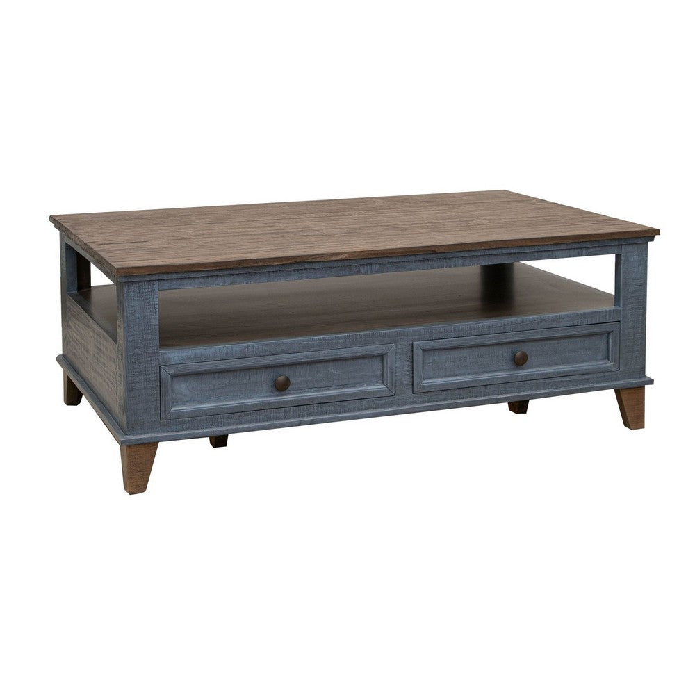 Rozy 50 Inch Coffee Table, Pine Wood, 4 Drawers, Open Shelf, Brown, Blue