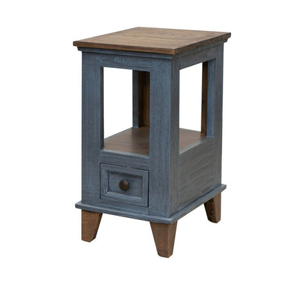 Rozy 26 Inch Chairside Table, Pine Wood, 1 Drawer, Open Shelf, Brown, Blue