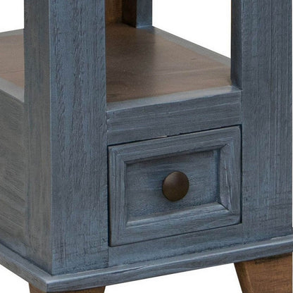 Rozy 26 Inch Chairside Table, Pine Wood, 1 Drawer, Open Shelf, Brown, Blue