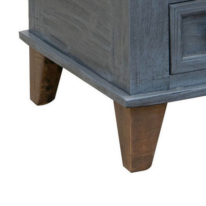 Rozy 26 Inch Chairside Table, Pine Wood, 1 Drawer, Open Shelf, Brown, Blue