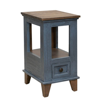 Rozy 26 Inch Chairside Table, Pine Wood, 1 Drawer, Open Shelf, Brown, Blue