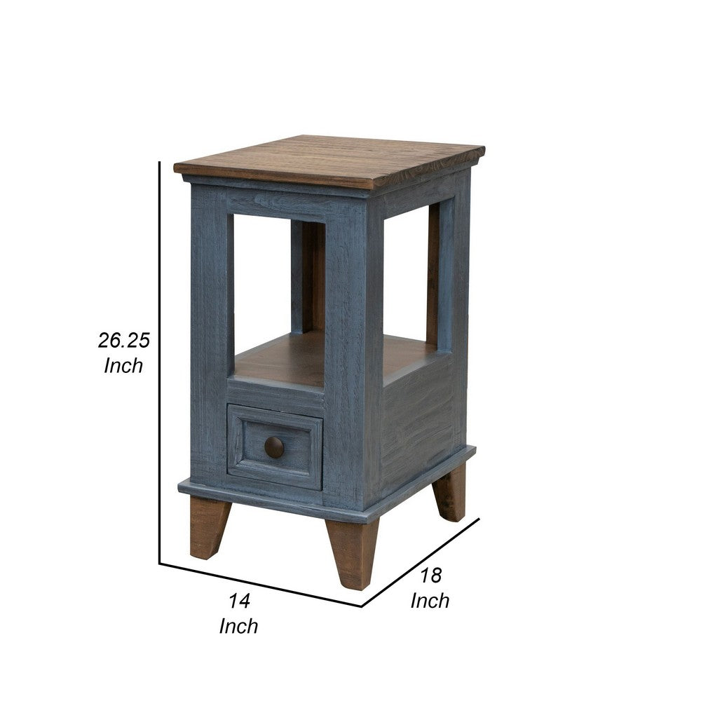 Rozy 26 Inch Chairside Table, Pine Wood, 1 Drawer, Open Shelf, Brown, Blue