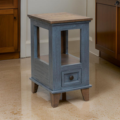 Rozy 26 Inch Chairside Table, Pine Wood, 1 Drawer, Open Shelf, Brown, Blue