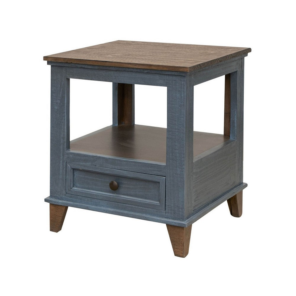 Rozy 26 Inch Side End Table, Pine Wood, 1 Drawer, Open Shelf, Brown, Blue